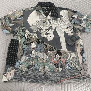Rebel Vengeance Men's Japanese Tapestry Samurai Skull Short Sleeve Jacket XL